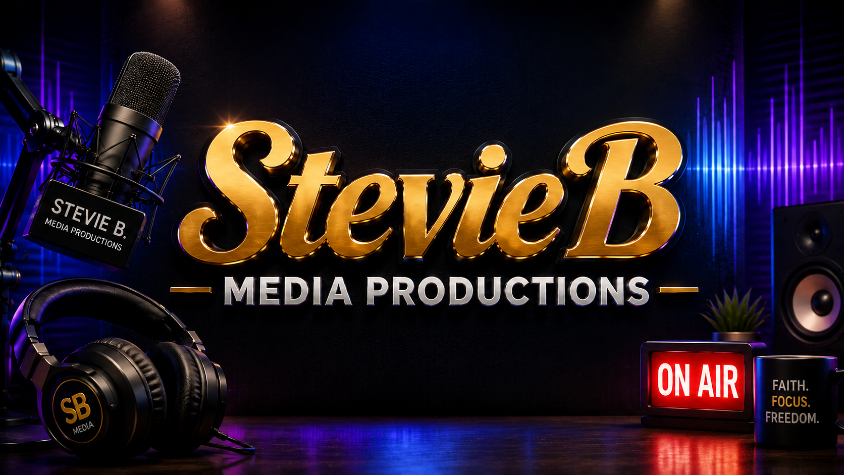 Stevie B. Media Productions studio scene — microphone, headphones, ON AIR sign, and brand pillars: Real Talk, Inspiring Stories, Empowering Minds, Positive Impact