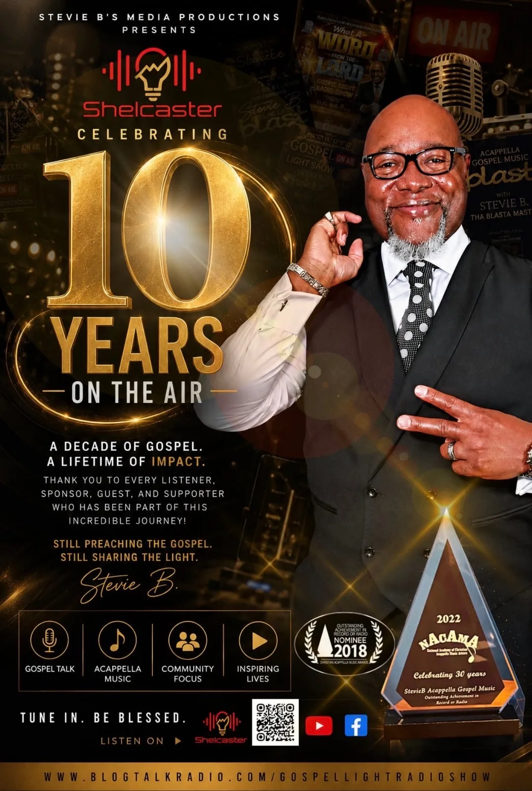 Stevie B. Media Productions presents Shelcaster — Celebrating 10 Years On The Air: a decade of gospel, a lifetime of impact